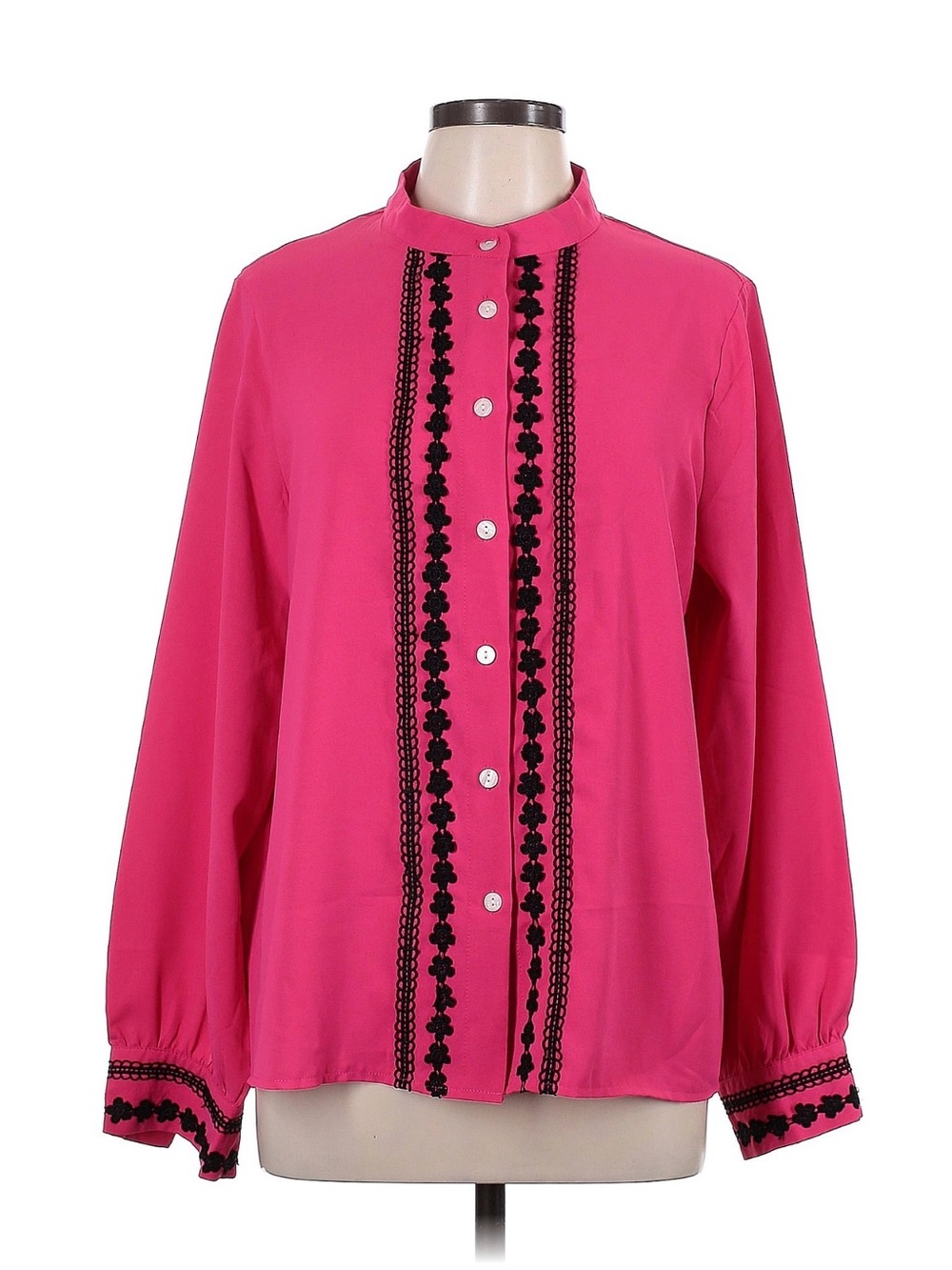 Bright Pink Button-Front Blouse with Black Trim